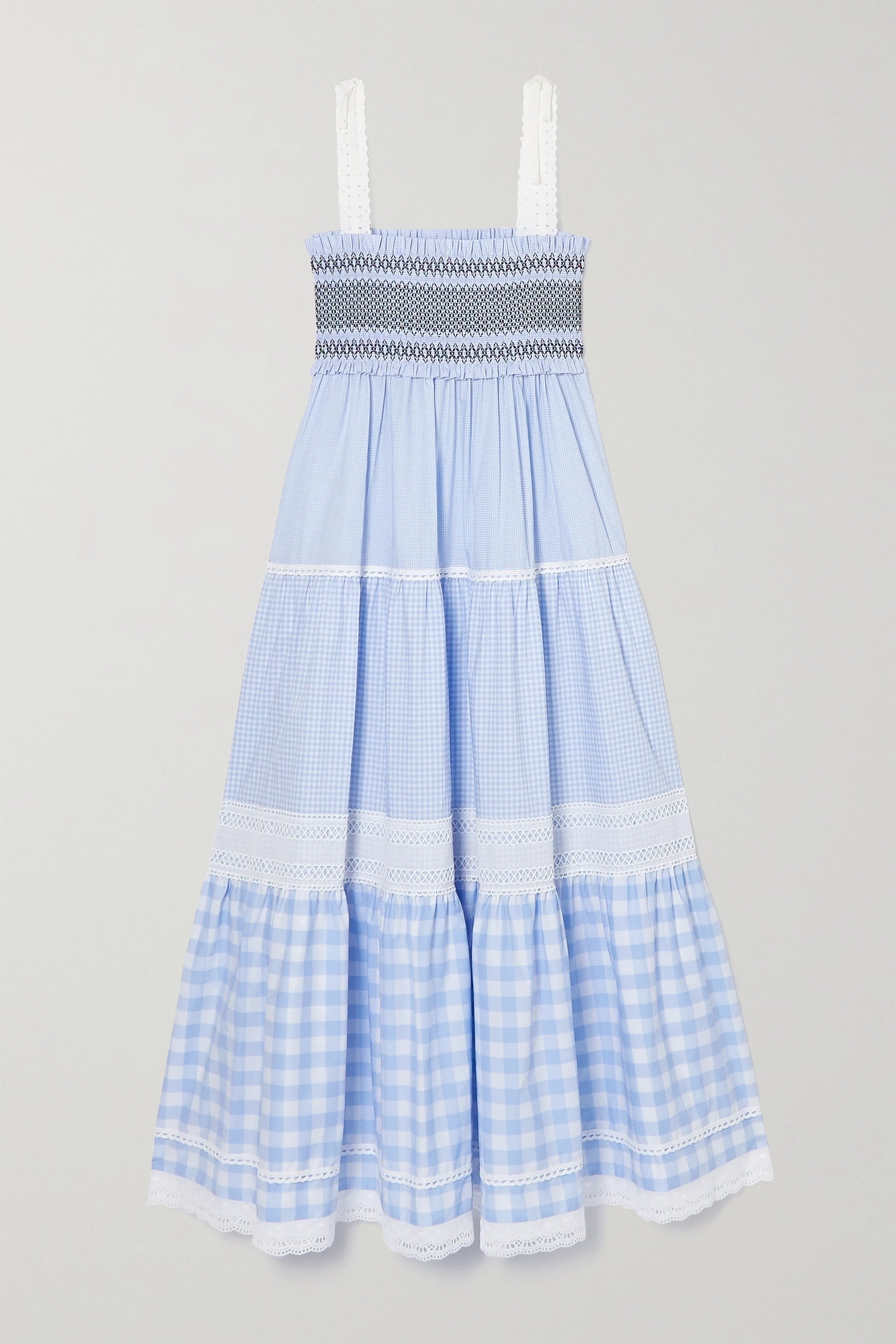 Miu Miu + Broderie Anglaise Trimmed Shirred Gingham Cotton Maxi Dress