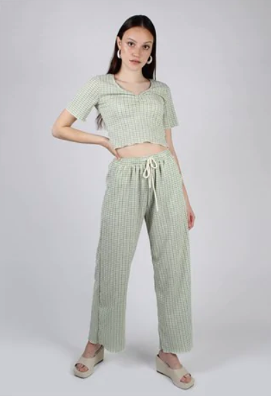 green gingham trousers