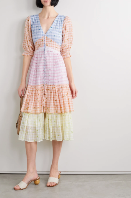 LoveShackFancy + Ollie Tiered Floral-Print Checked Cotton-Voile Midi Dress
